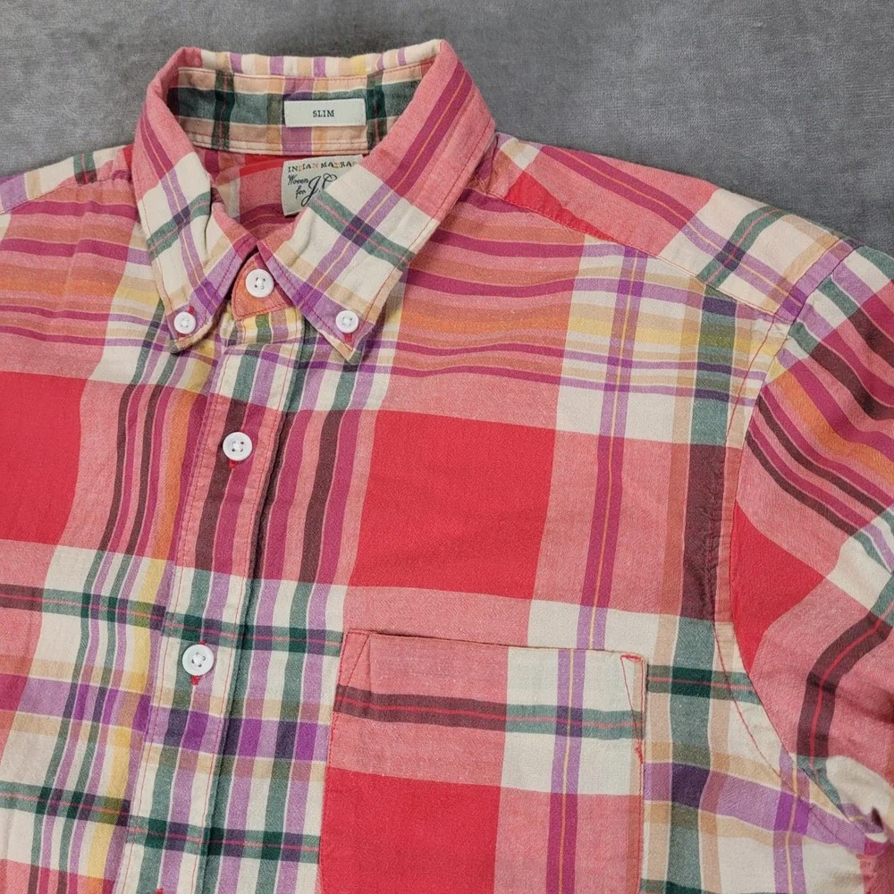 J.Crew Y2K Mens Indian Madras Slim Fit Plaid Button Down Shirt Red Pink Medium M